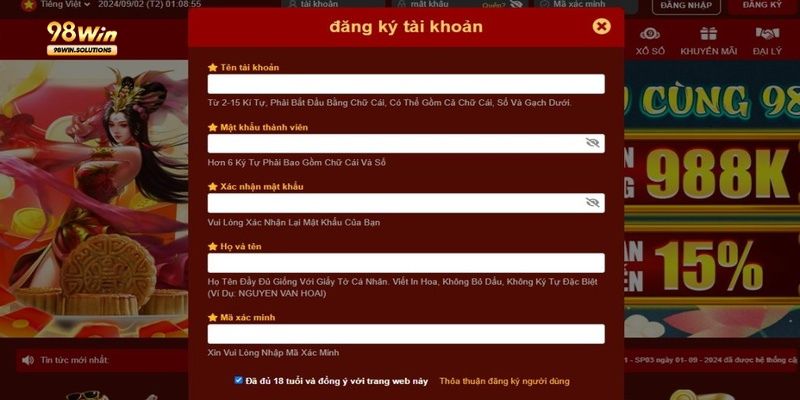 98Win yêu cầu bạn sử dụng dữ liệu chính chủ khi đăng ký